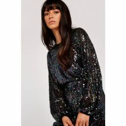 Apricot Black Sequin Puff Sleeve Tie Waist Dress -Apricot Shop unnamed file 1005