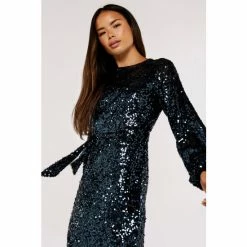 Apricot Grey Sequin Puff Sleeve Tie Waist Dress