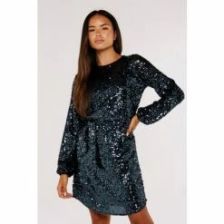 Apricot Grey Sequin Puff Sleeve Tie Waist Dress -Apricot Shop unnamed file 1015