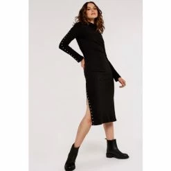 Apricot Black Rib Studded Midi Dress