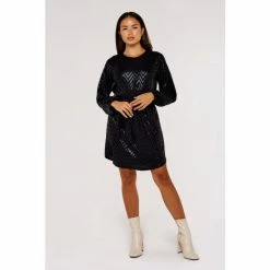 Apricot Black Chevron Puff Sleeve Dress