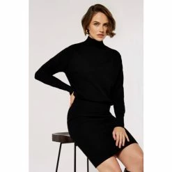 Apricot Black Roll Neck Knitted Dress