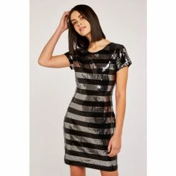 Apricot Silver Sequin Stripe Shift Dress