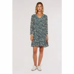 Apricot Green Floral V-neck Babydoll Dress