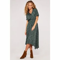 Apricot Green Painterly Dot Smock Midi Dress