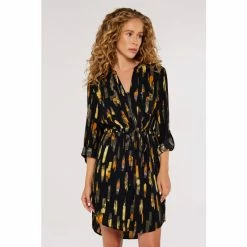 Apricot Black Brushstroke Zip Drawstring Dress