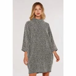 Apricot Black & White Boucle Mock Neck Cocoon Dress