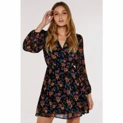 Apricot Black Multi Brushed Floral Wrap Dress