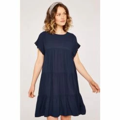 Apricot Navy Blue Ruffle Sleeve Detail Tiered Dress