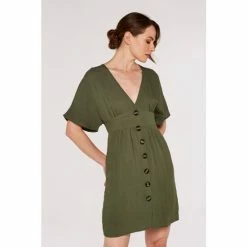 Apricot Green V-Neck Button Front Dress