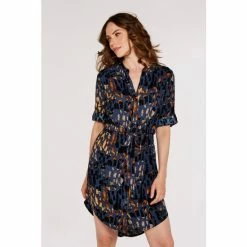 Apricot Navy Blue Multi Brushstroke Drawstring Dress