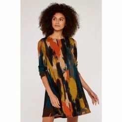 Apricot Mustard Yellow & Green Art Attack Long Sleeve Swing Dress