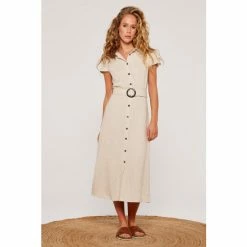 Apricot Cream Vintage Tortoise Shell Linen Button Dress