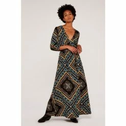 Apricot Black Scarf Print Wrap Maxi Dress