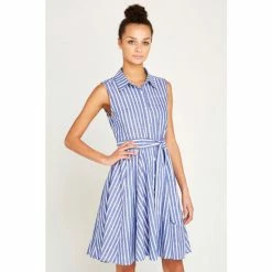 Apricot Blue Pinstripe Button Tie Waist Dress