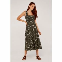 Apricot Green Orchid Print Tiered Midi Dress