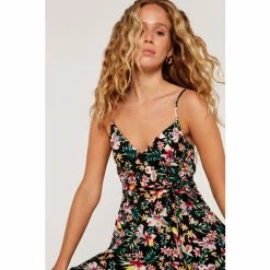 Apricot Black Tropical Hibiscus Cami Ruffle Dress