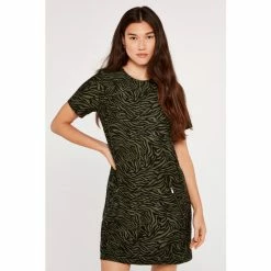 Apricot Green Zebra Knit Jacquard Shift Dress