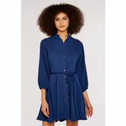Apricot Blue Tetra Button Dress With Rope Belt