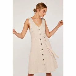 Apricot Nude Linen Mix Button Through Dress