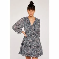 Apricot Blue Ruffle Details Tiered Dress