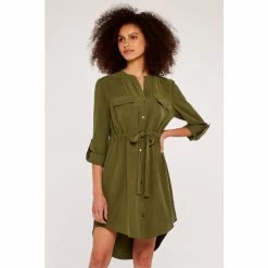 Apricot Green Tie Front Shirt Dress