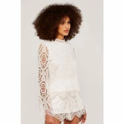 Apricot Cream Guipure Scallop Lace High Neck Top