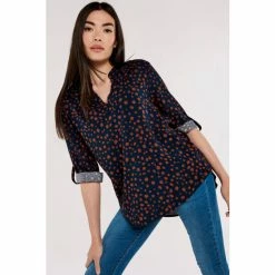 Apricot Blue Painterly Dot V Neck Top