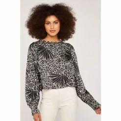 Apricot Black Leafy Animal Print Satin Top