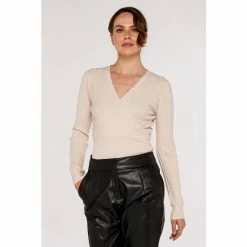 Apricot Cream Wrap Ribbed Knitted Top