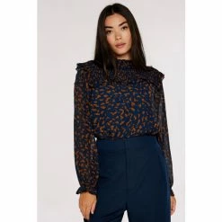 Apricot Navy Blue & Orange Animal Chiffon Smock Neck Top