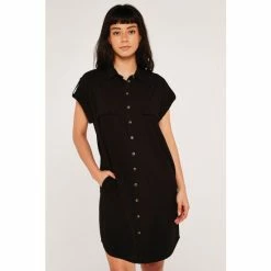 Apricot Black Sleeveless Utility Shirt Dress