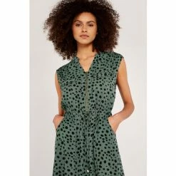 Apricot Green Spot Print Drawstring Waist Dress