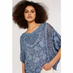 Apricot Blue Embroidered Mesh Stone Wash Top