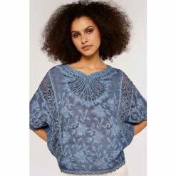 Apricot Blue Embroidered Mesh Stone Wash Top -Apricot Shop unnamed file 1609