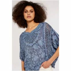 Apricot Blue Embroidered Mesh Stone Wash Top -Apricot Shop unnamed file 1611