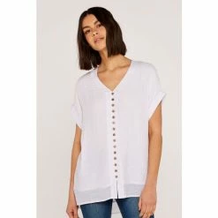 Apricot Cream Button Up Front Shimmer Slub Top