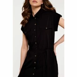 Apricot Black Utility Midi Tie Shirt Dress