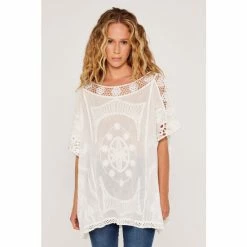 Apricot Cream Embroidered Cotton Crochet Top