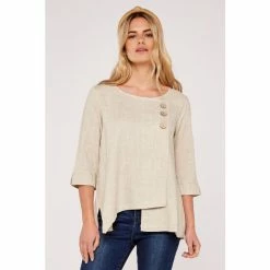 Apricot Stone Button Asymmetric Hem Linen Blend Top