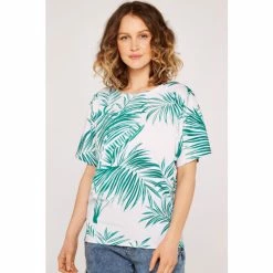 Apricot Green & White Palm Print Oversized Top