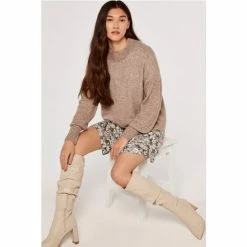 Apricot Neutral Mock Neck Exaggerated Sleeves Jumper