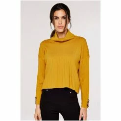 Apricot Mustard Yellow Cowl Neck Rib Button Sleeve Jumper -Apricot Shop unnamed file 1706