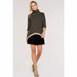 Apricot Black High Neck Stripe Boucle Jumper