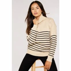 Apricot Neutral & Black Stripe Roll Neck Jumper