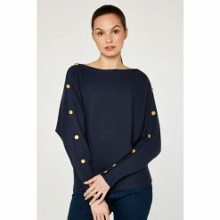 Apricot Blue Slash Neck Button Detail Jumper