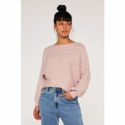 Apricot Pink Aran Stripe Batwing Knit Jumper