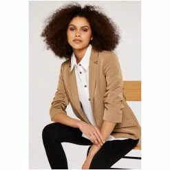 Apricot Camel Open Rushed Sleeve Blazer -Apricot Shop unnamed file 1866