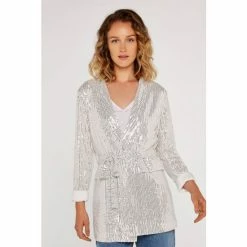 Apricot Silver Sequin Long Sleeve Belt Blazer