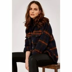 Apricot Navy Blue & Orange Bright Plaid Shacket